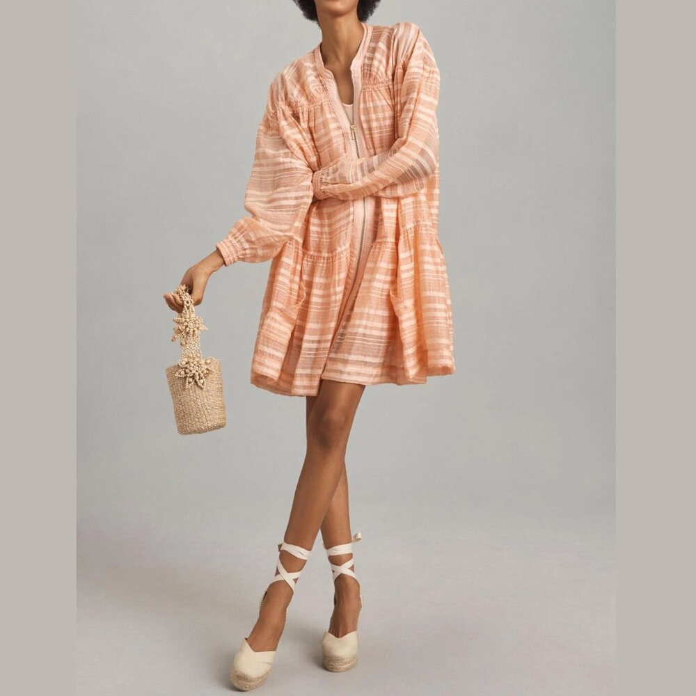 By Anthropologie Long-Sleeve Zip-Front Mini Dress Pink Medium Petite MP